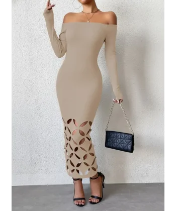 Kadın Madonna Yaka Uzun Kollu Lazer çiçek Kesim Detaylı Uzun Ithal Krep Elbise