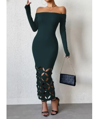 Kadın Madonna Yaka Uzun Kollu Lazer çiçek Kesim Detaylı Uzun Ithal Krep Elbise