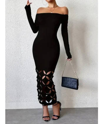 Kadın Madonna Yaka Uzun Kollu Lazer çiçek Kesim Detaylı Uzun Ithal Krep Elbise