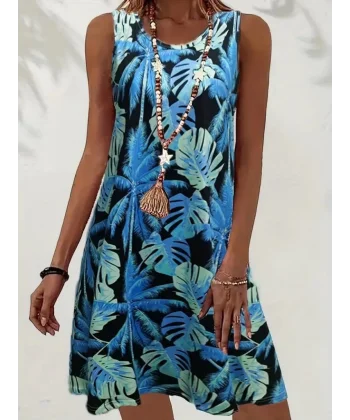 Kadın Mavi Yaprak Baskılı Askılı Süprem Elbise