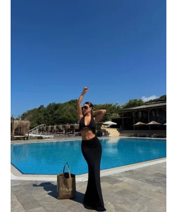 Kadın Mayo Kumaş Bağlamalı Crop Ve Maxi Boy Etek Ikili Takım