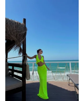 Kadın Mayo Kumaş Bağlamalı Crop Ve Maxi Boy Etek Ikili Takım