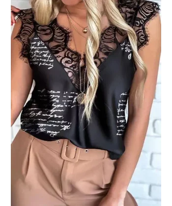 Kadın Mektup Desenli Dantel Detaylı Mikro Kumaş Bluz