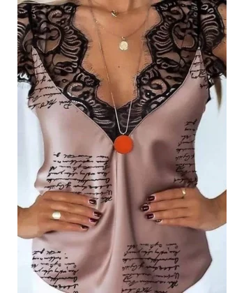 Kadın Mektup Desenli Dantel Detaylı Mikro Kumaş Bluz