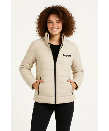 Kadın Mikro Su İtici Kapitone Baskılı Astarlı Fermuarlı Bomber Mont - Bej