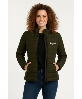 Kadın Mikro Su İtici Kapitone Baskılı Astarlı Fermuarlı Bomber Mont - Haki