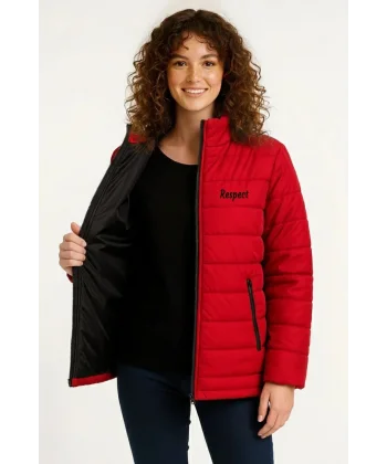 Kadın Mikro Su İtici Kapitone Baskılı Astarlı Fermuarlı Bomber Mont - Kırmızı