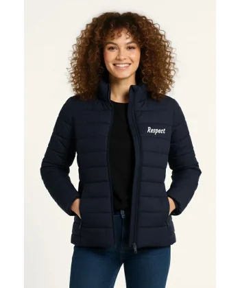 Kadın Mikro Su İtici Kapitone Baskılı Astarlı Fermuarlı Bomber Mont - Lacivert