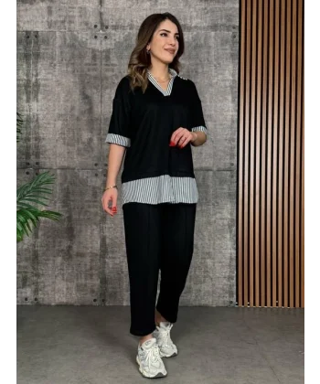Kadın Modal Kumaş çizgili Gömlek Yaka Ikili Takım