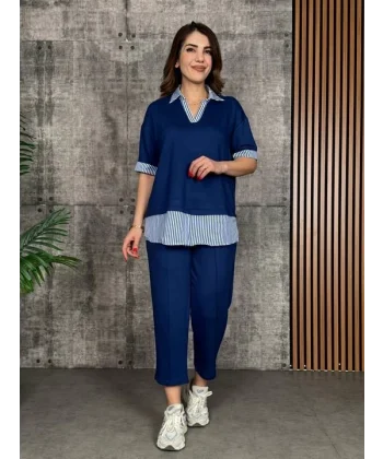 Kadın Modal Kumaş çizgili Gömlek Yaka Ikili Takım