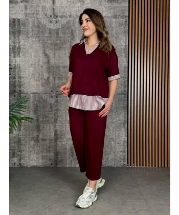 Kadın Modal Kumaş çizgili Gömlek Yaka Ikili Takım