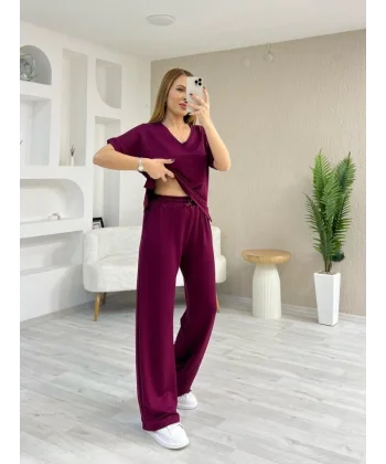 Kadın Modal Kumaş Rahat Kesim V Yaka Eşofman Takımı