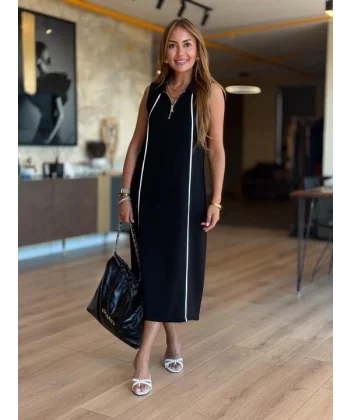 Kadın Modal Kumaş şerit Detaylı Fermuarlı Midi Elbise