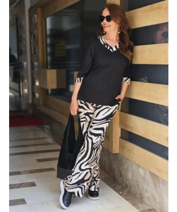 Kadın Modal Kumaş V Yaka Dirsek Kol Zebra Desenli Ikili Takım