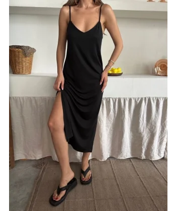 Kadın Modal Pike Kumaş Asansör Askılı Iki Yan Yırtmaçlı Elbise