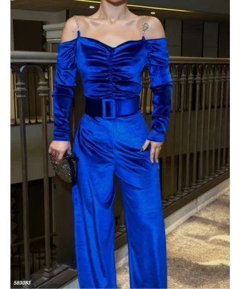 Kadın Modanna Yaka Zincir Askı Detay Kemer Dahil Kadife Kumaş Tulum