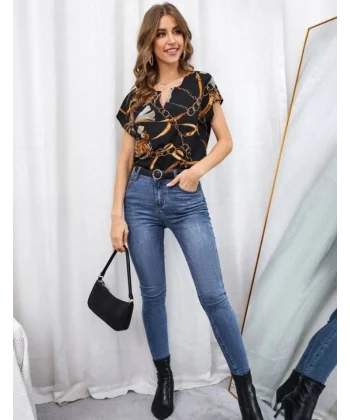 Kadın Moskrep Kumaş çentik Yaka Zincir Desen Baskılı Bluz