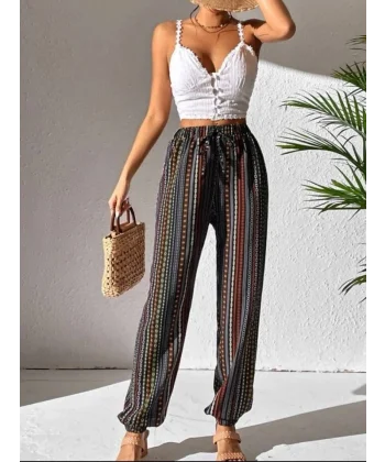 Kadın Moss Krep Kumaş Bel Ve Bilekler Lastikli Rahat Kesim Pantolon