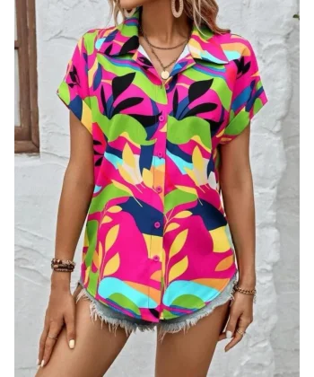 Kadın Moss Krep Kumaş Kısa Kol Çiçek Desenli Gömlek