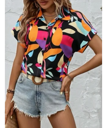 Kadın Moss Krep Kumaş Kısa Kol Çiçek Desenli Gömlek