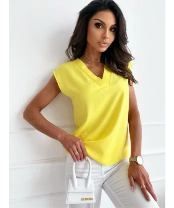 Kadın Moss Krep Kumaş V Yaka Kısa Kol Bluz