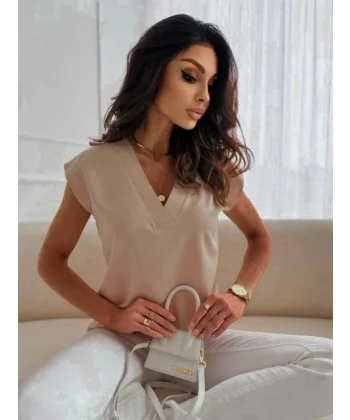 Kadın Moss Krep Kumaş V Yaka Kısa Kol Bluz