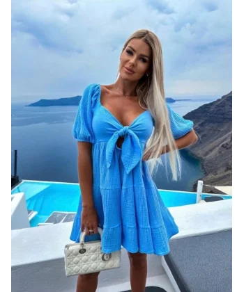 Kadın Müslin Kumaş Fiyon Detay Mini Elbise