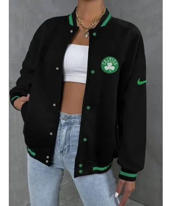 Kadın Nakışlı Dijital Sırt Baskılı Üç İplik Oversize Kolej Ceket - Siyah