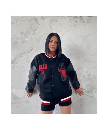 Kadın Nakışlı Kolları Deri Oversize Kolej Ceket - Siyah