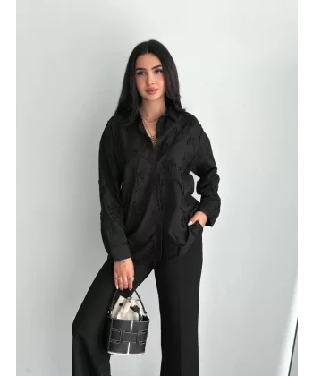 Kadın Nakışlı Uzun Kollu Gömlek - Siyah