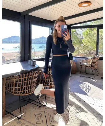 Kadın oft Kaşkorse Kumaş Bluz Ve Yırtmaç Detaylı Etek Ikili Takım