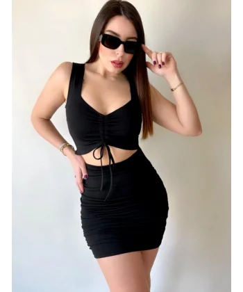 Kadın Omuz Askılı Armut Yaka Büzgü Ve Göbek Dekolteli Mini Elbise