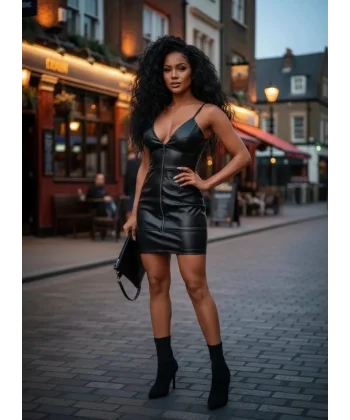 Kadın Omuz Askılı Ayarlanabilir Fermuar Detay Mini Deri Elbise