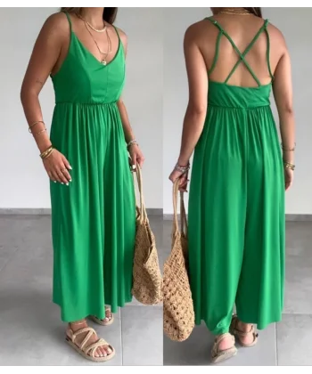 Kadın Omuz Askılı Degaje Yaka Sırt Dekolteli Tulum