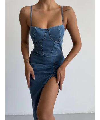 Kadın Omuz Askılı Derin Bacak Dekoltesi Ve Büzgü Detay Kot Elbise