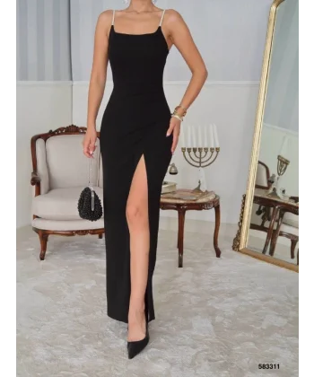 Kadın Omuz Askılı Derin Yırtmaç Detay Maxi Boy Elbise