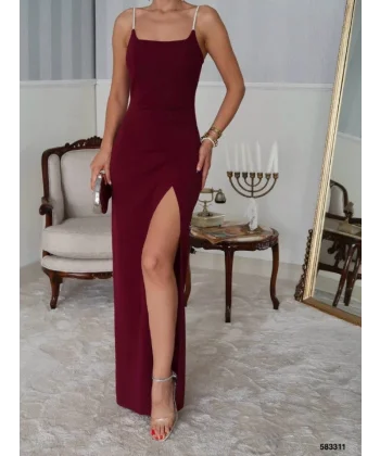 Kadın Omuz Askılı Derin Yırtmaç Detay Maxi Boy Elbise