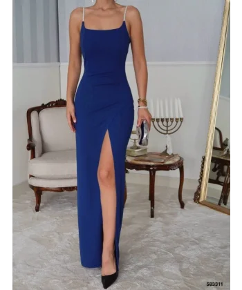 Kadın Omuz Askılı Derin Yırtmaç Detay Maxi Boy Elbise