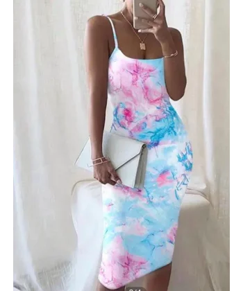 Kadın Omuz Askılı Dijital Baskılı Midi Boy Elbise