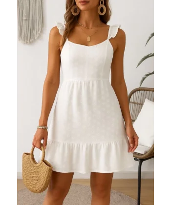 Kadın Omuz Askılı Eteği Volan Detay Brode Elbise