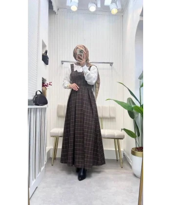 Kadın Omuz Askılı Full Ekose Detay Elbise