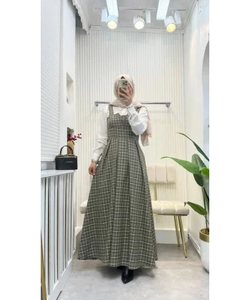 Kadın Omuz Askılı Full Ekose Detay Elbise