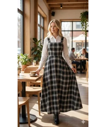 Kadın Omuz Askılı Full Ekose Detay Elbise