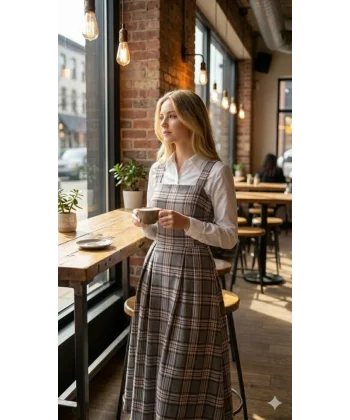 Kadın Omuz Askılı Full Ekose Detay Elbise