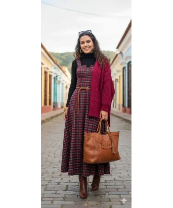 Kadın Omuz Askılı Full Ekose Detay Elbise