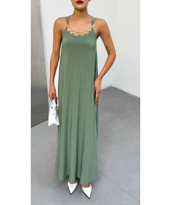 Kadın Omuz Askılı Kuş Gözü Zincir Detay Sandy Kumaş Maxi Boy Elbise