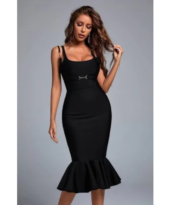 Kadın Omuz Askılı Sırt Dekolteli Interlok Kumaş Midi Kalem Elbise