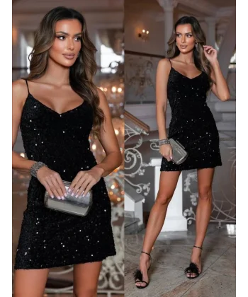 Kadın Omuz Askılı Sırt Dekolteli Kadife Kumaş üzerine Full Pul Payetişlemeli Mini Elbise