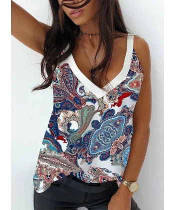 Kadın Omuz Askılı V Yaka Dijital Baskı Detay Mikro Kumaş Bluz