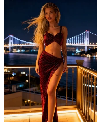 Kadın Omuz Askılı Zebra Desen Simli Kumaş Büstiyer Ve Derin Yırtmaç Dekolteli Etek Ikili Takım